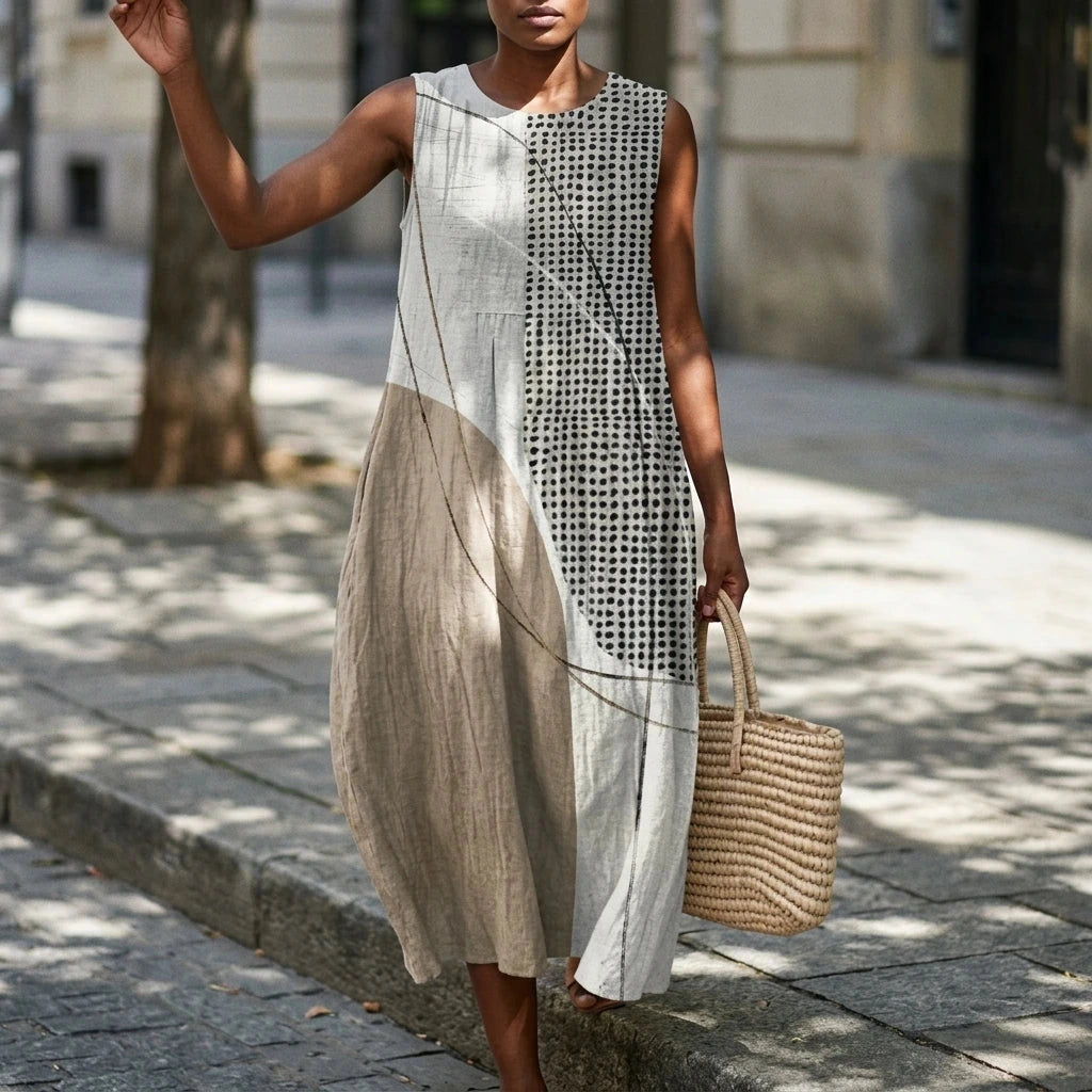 Relaxed Fit Round Neck Sleeveless Midi Dress With Pockets