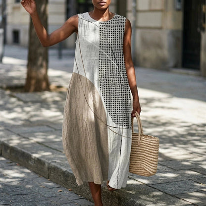 Relaxed Fit Round Neck Sleeveless Midi Dress With Pockets