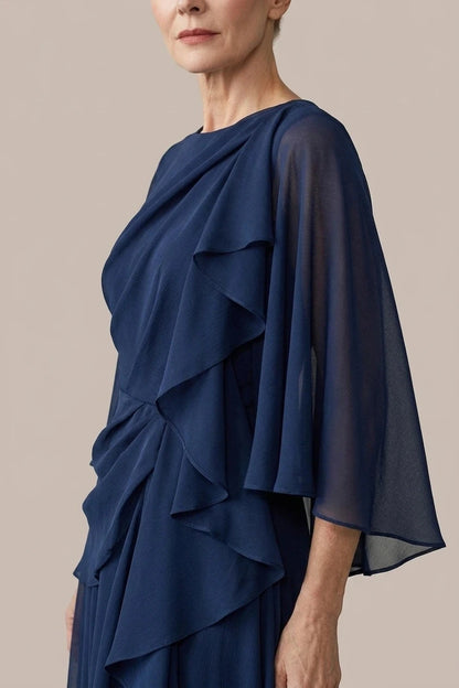 Layered Sleeve Drape Waist Midi Dress With Ruffle Side Panels