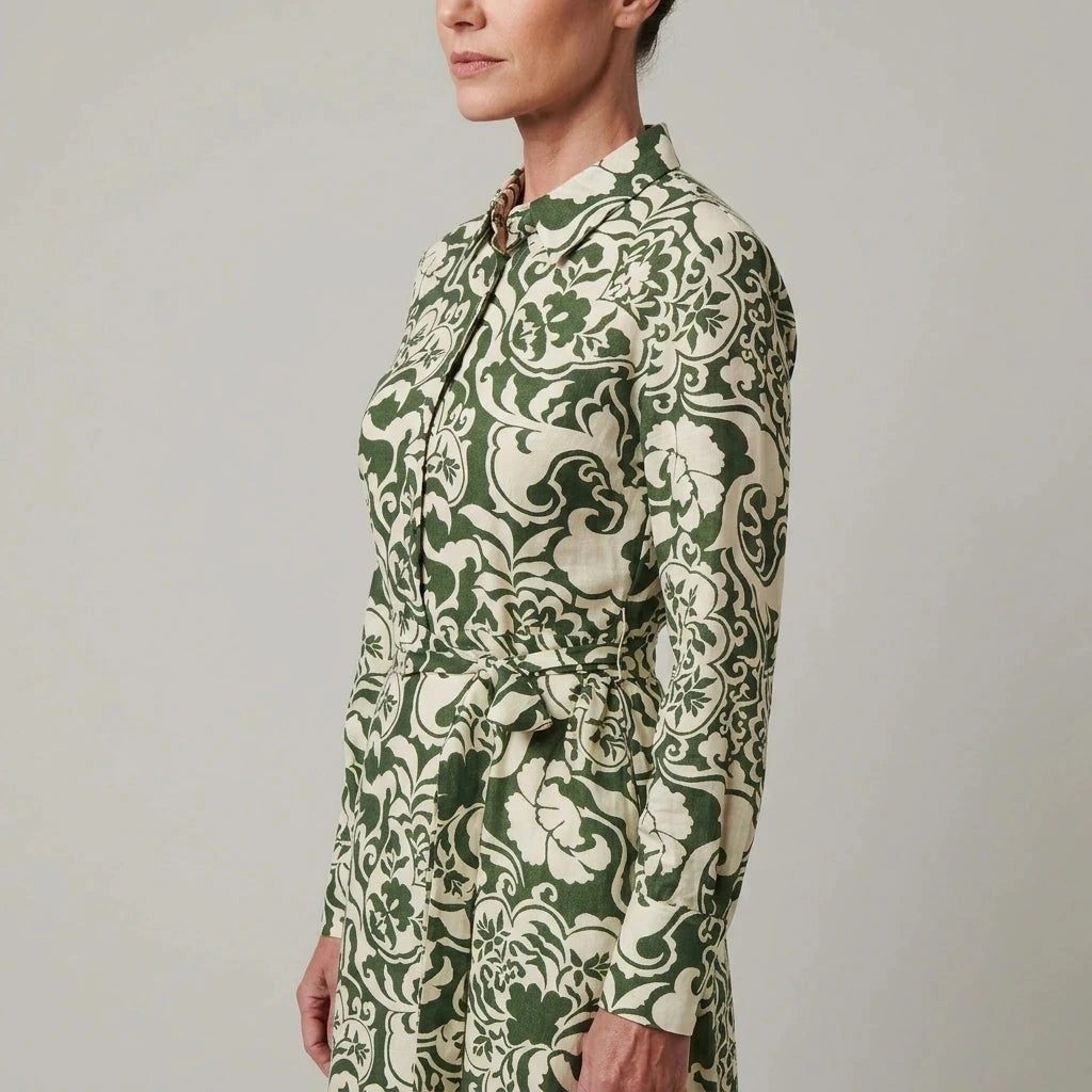 Collared Tie-Waist Printed Long Sleeve Shirt Midi Dress