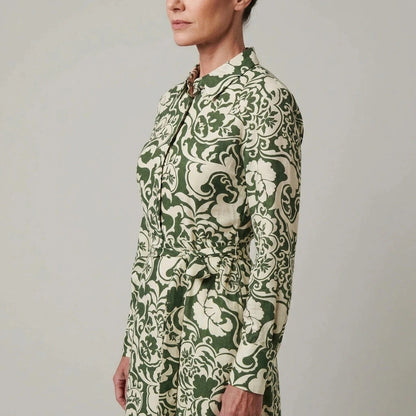 Collared Tie-Waist Printed Long Sleeve Shirt Midi Dress