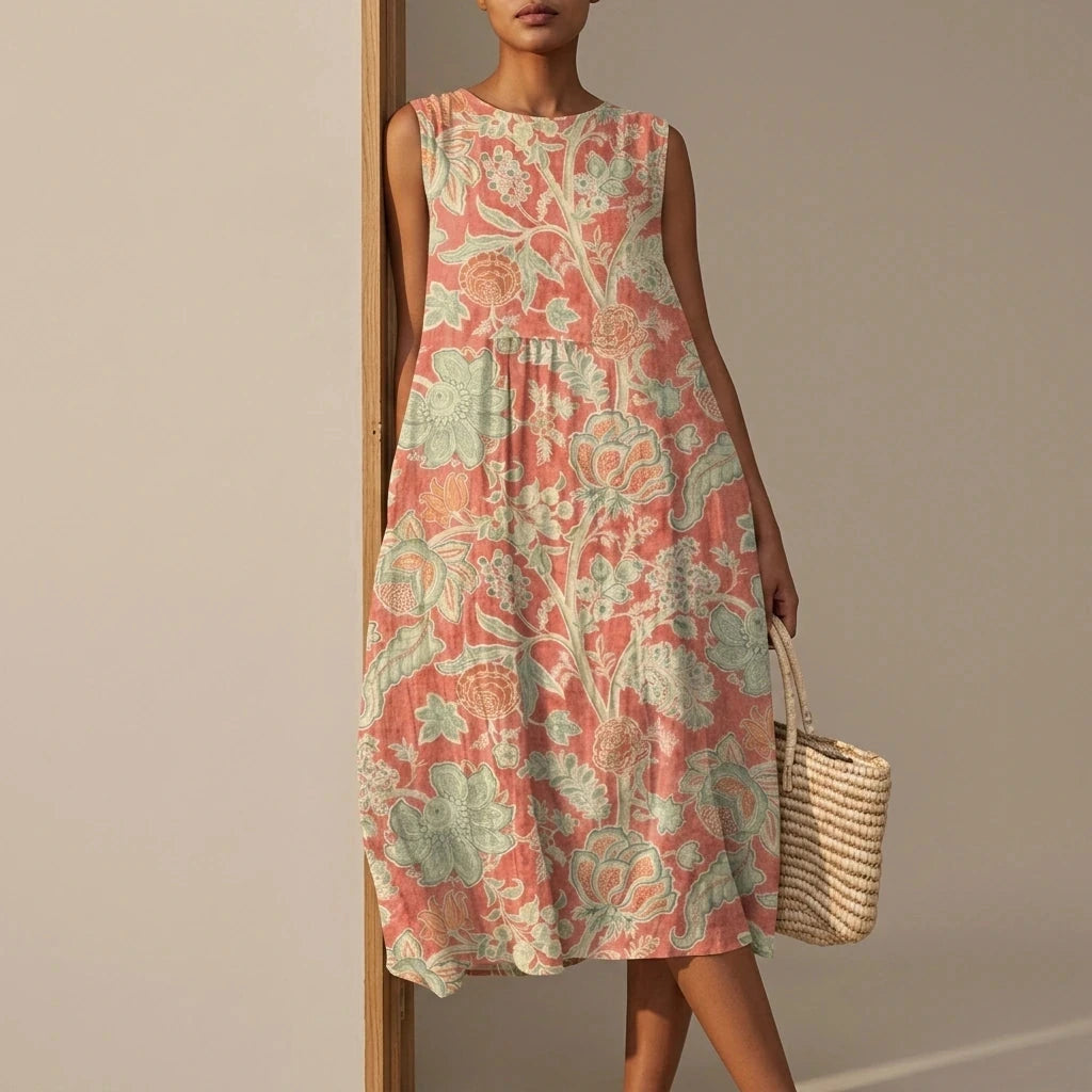 Sleeveless Dress With Premium Blend And Loose Fit — Midi With Pockets & Round Neck