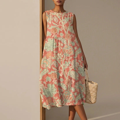 Sleeveless Dress With Premium Blend And Loose Fit — Midi With Pockets & Round Neck
