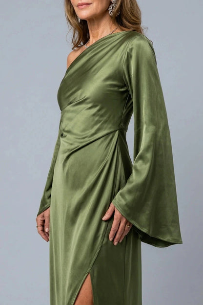 One Shoulder Cape Sleeve Maxi Dresses Draped Satin With High Side Split