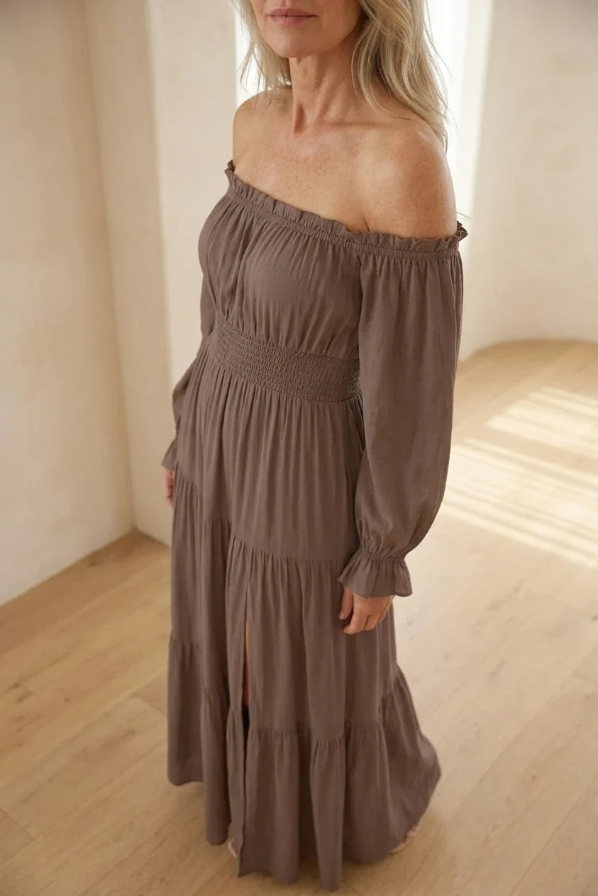 Aveline | Off Shoulder Long Sleeve Smocked Maxi Dress — variant_front