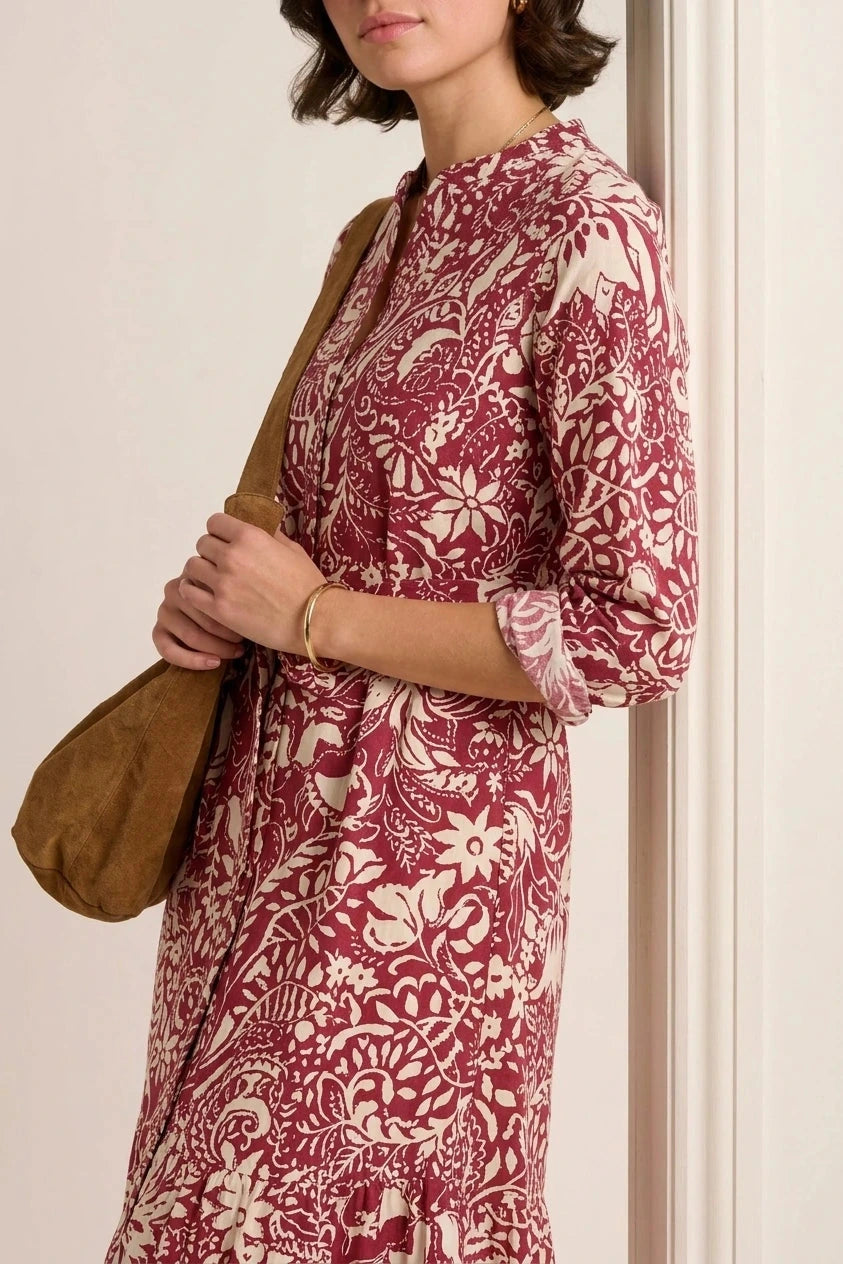 Alise Midi Dress Button Front Tie Waist Printed Dress