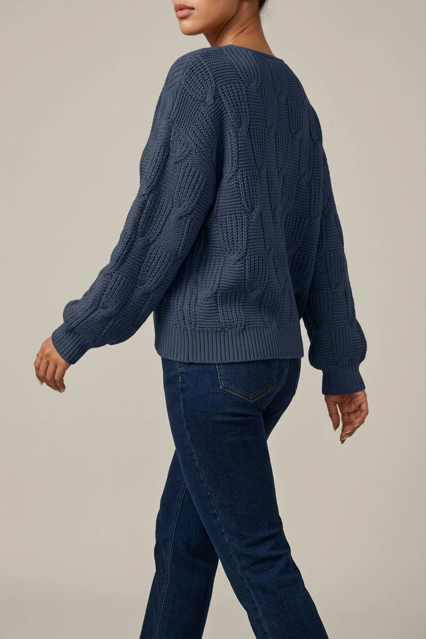 Cable Knit Sweater with V-Neckline and Puff Sleeves — variant_front