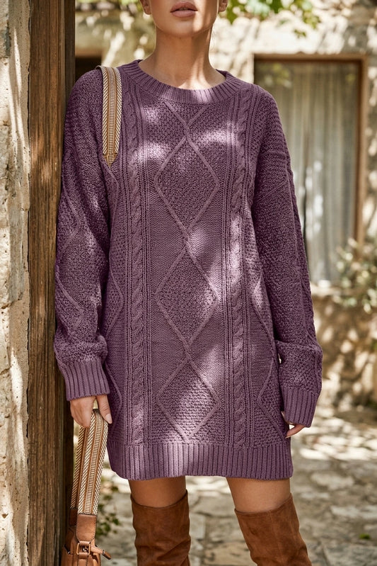 Purple Cable Knit Sweater Dress with Round Neck — variant_front