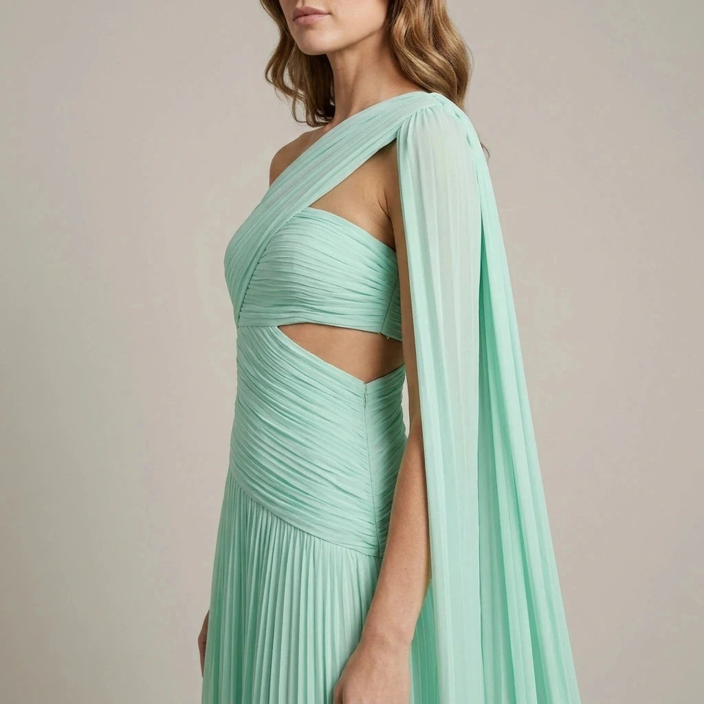 Ethereal Chiffon Drape Maxi Dress One-Shoulder Ruched Waist High Slit