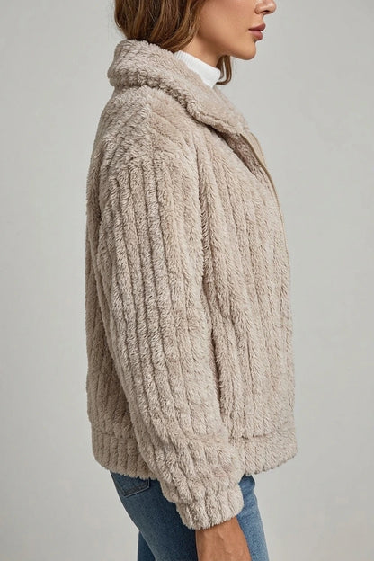 Cosy Teddy Fleece Jacket with Wide Collar and Ribbed Texture — variant_front