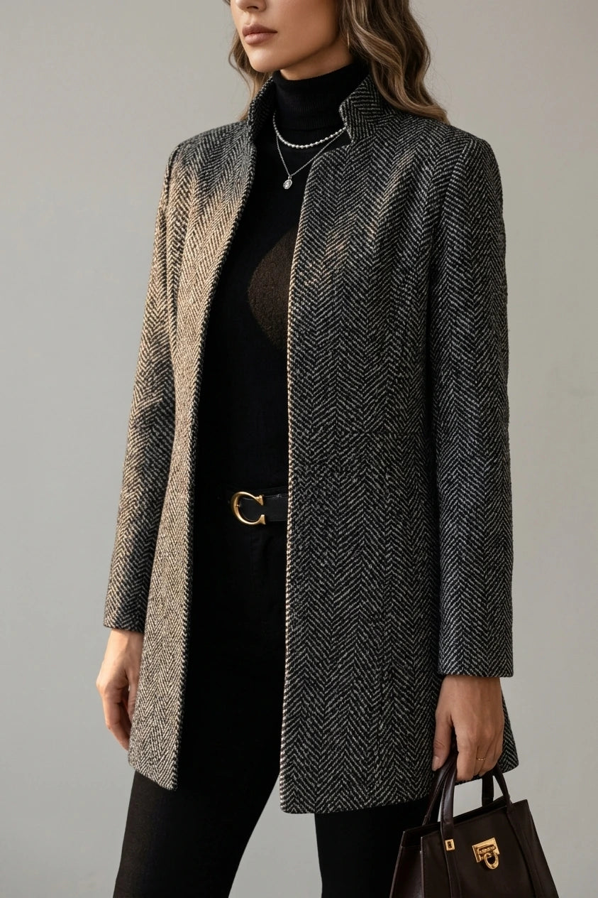 Polished Open Front Wool Coat with Herringbone Texture — variant_front