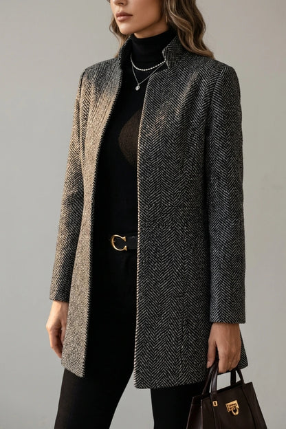 Polished Open Front Wool Coat with Herringbone Texture — variant_front