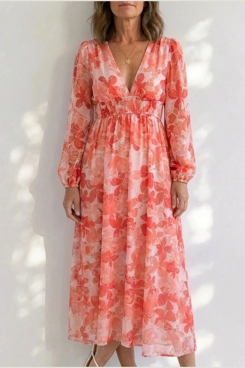 Printed Long Sleeve V-Neck Maxi Dress With Smocked Waist