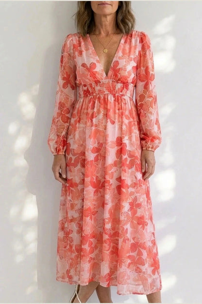 Printed Long Sleeve V-Neck Maxi Dress With Smocked Waist