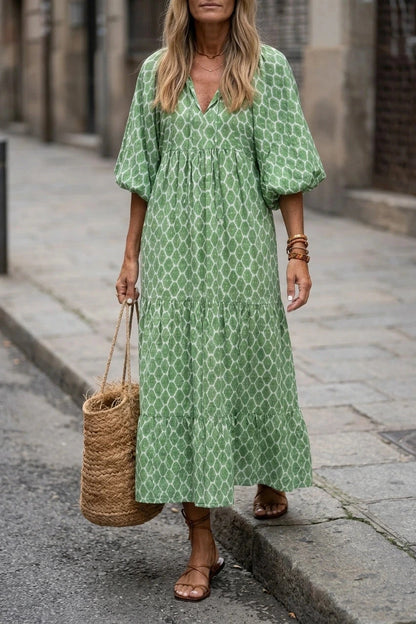 V Neck Tiered Maxi Smock Dress With Balloon Sleeves