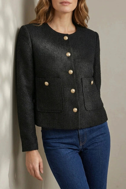 Minimalist Design Blazer Collarless Button-Front Patch Pocket Jacket