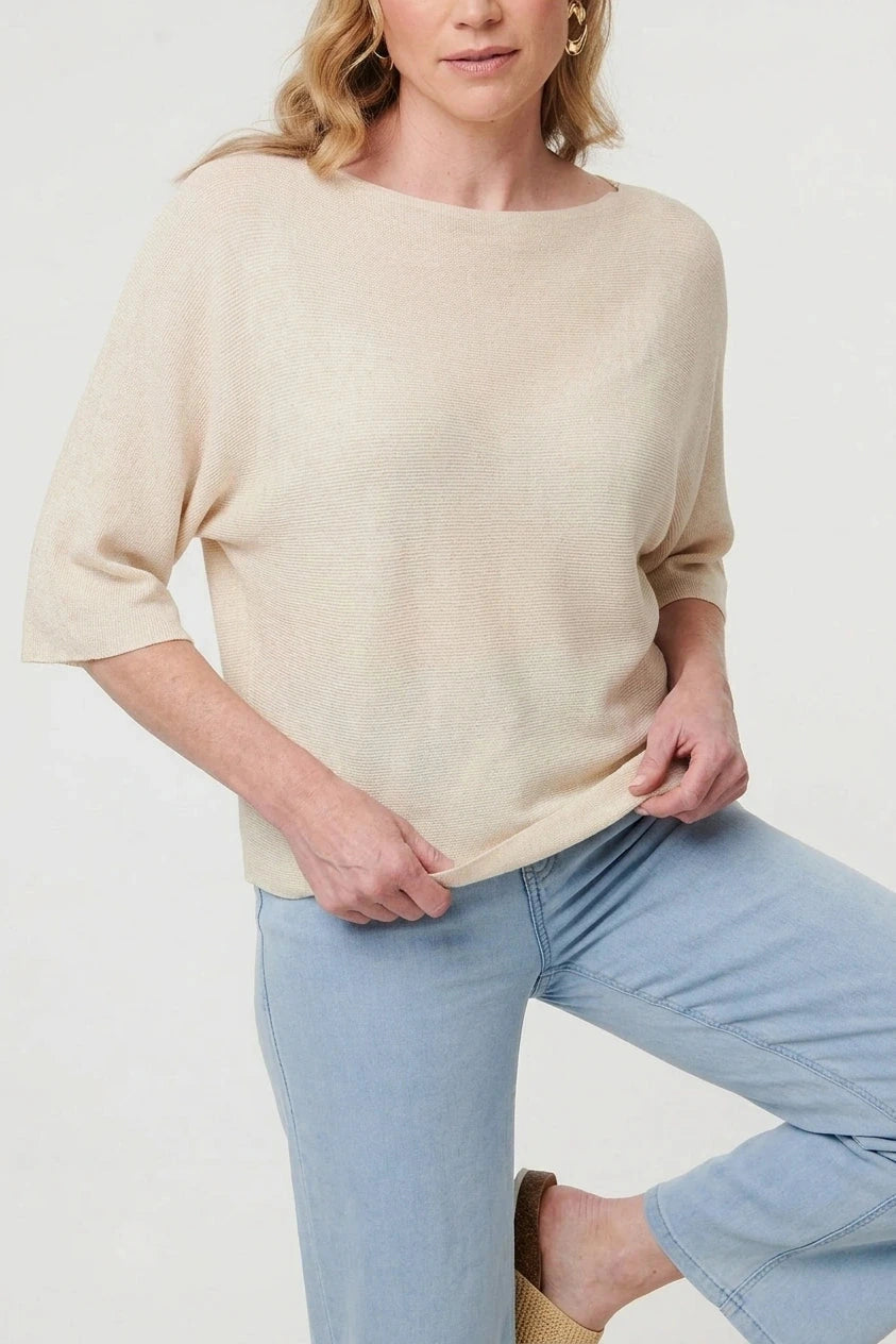 3/4 Sleeve Boxy Boat Neck Knit Top Lightweight Pullover
