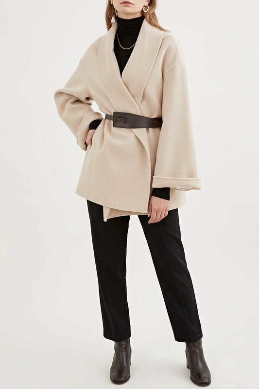 Women's Wrap Coat with Wide Lapel Collar and Tie Belt — variant_front