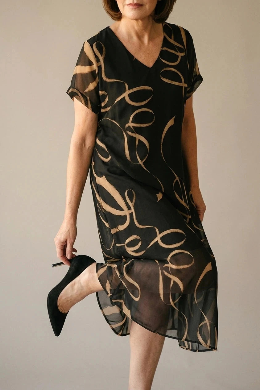 V Neck Short Sleeve Midi Dress With Abstract Print