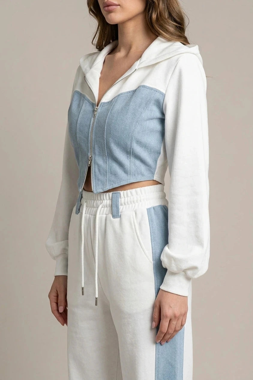 Cropped Zip Hoodie Wide Leg Sweatpants Denim Splice Two-Piece Hoodie & Sweatpant Set