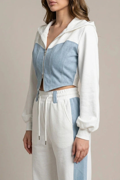 Cropped Zip Hoodie Wide Leg Sweatpants Denim Splice Two-Piece Hoodie & Sweatpant Set