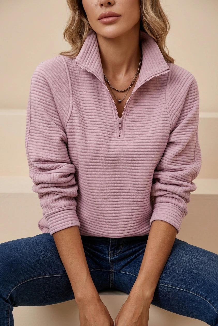 Women's Ribbed Half-Zip Fleece Jumper Relaxed Fit — variant_front