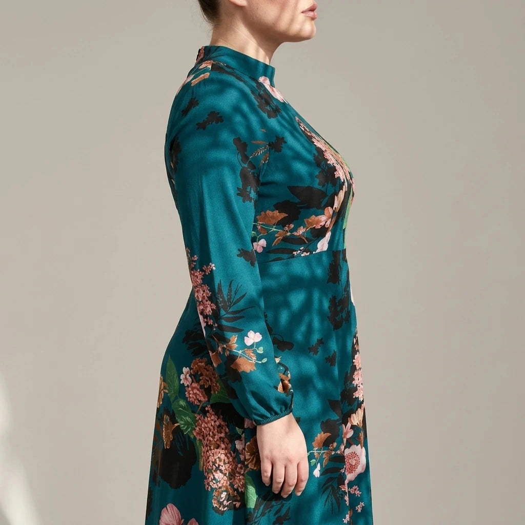 Floral High Neck Midi Dress With Long Sleeves And A-Line Skirt