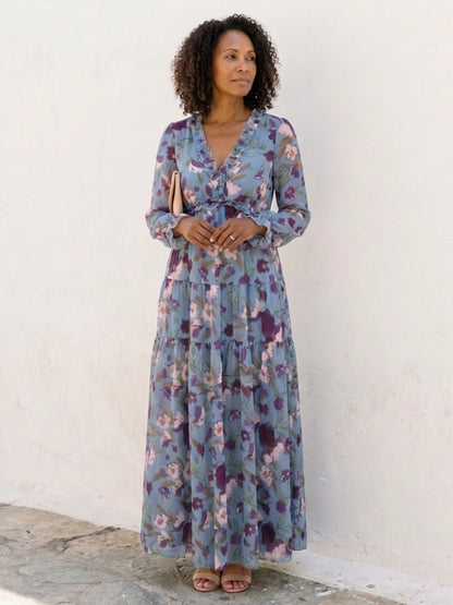 Elena | Long Sleeve V Neck Floral Maxi Dress