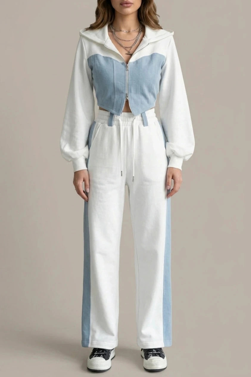 Cropped Zip Hoodie Wide Leg Sweatpants Denim Splice Two-Piece Hoodie & Sweatpant Set