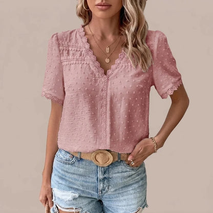 Bohemian Lace Trim Blouse with Swiss Dot Texture and V-Neckline — variant_front