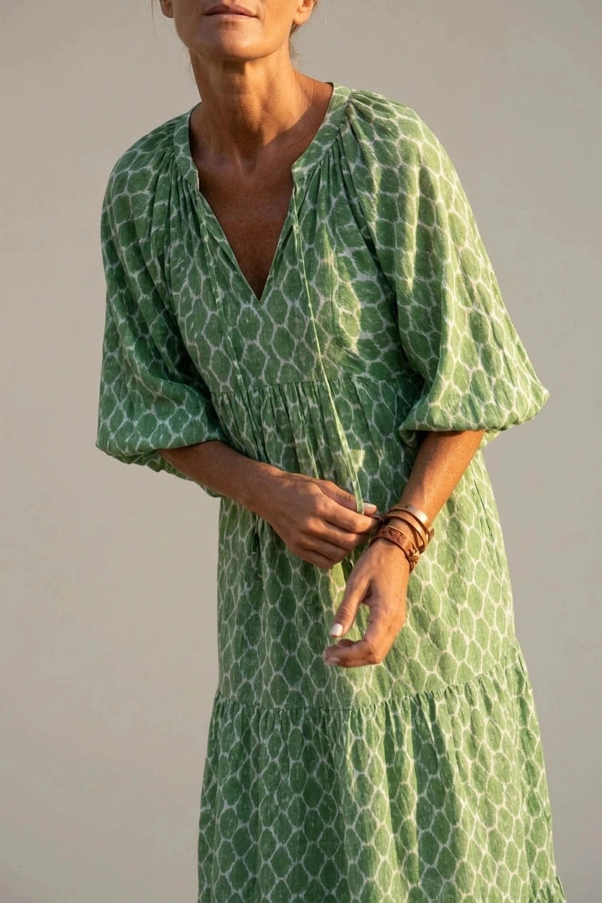 V Neck Tiered Maxi Smock Dress With Balloon Sleeves