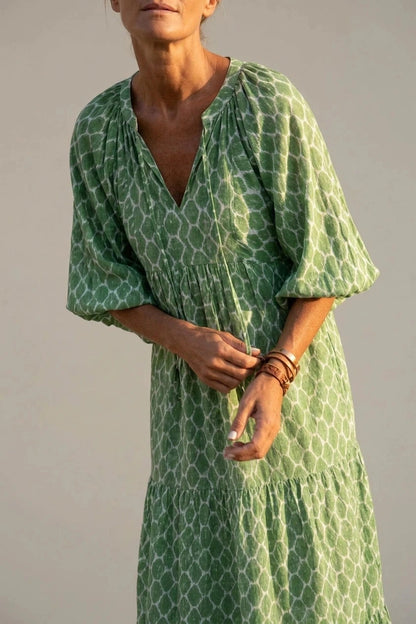 V Neck Tiered Maxi Smock Dress With Balloon Sleeves