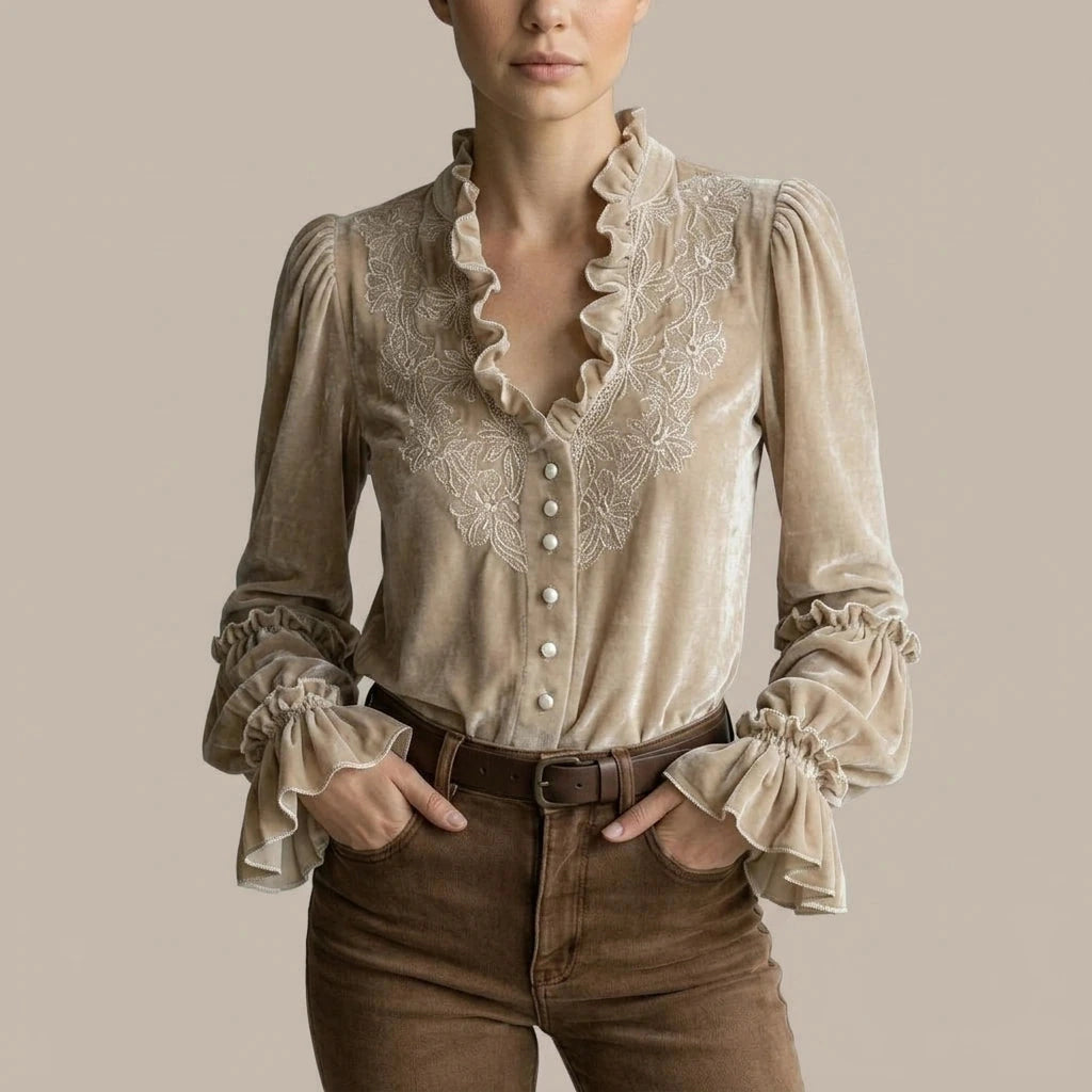 Embroidered Velvet Blouse Lace-Trimmed Romantic Floral Statement Top