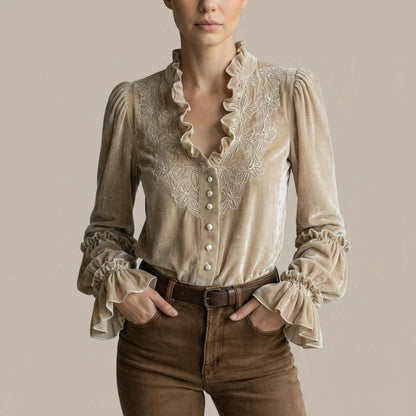 Embroidered Velvet Blouse Lace-Trimmed Romantic Floral Statement Top