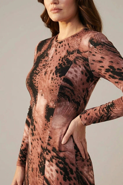 Abstract Long Sleeve Flared Midi Dress With Crew Neck