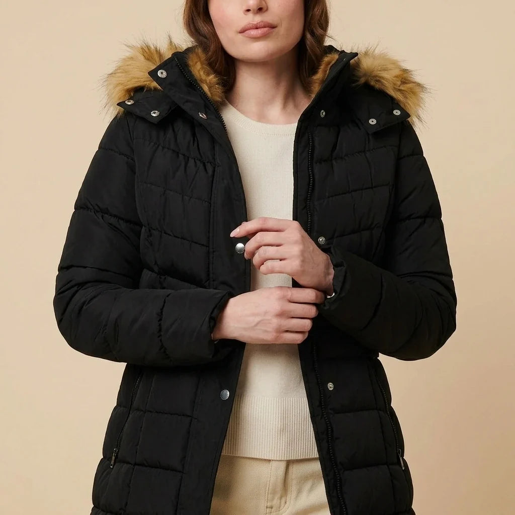 Hooded Faux Fur Trim Longline Jacket — variant_front