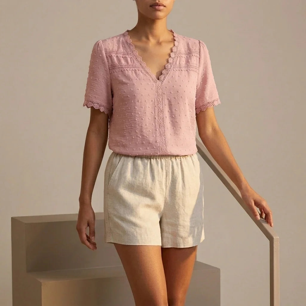 Bohemian Lace Trim Blouse with Swiss Dot Texture and V-Neckline — variant_front