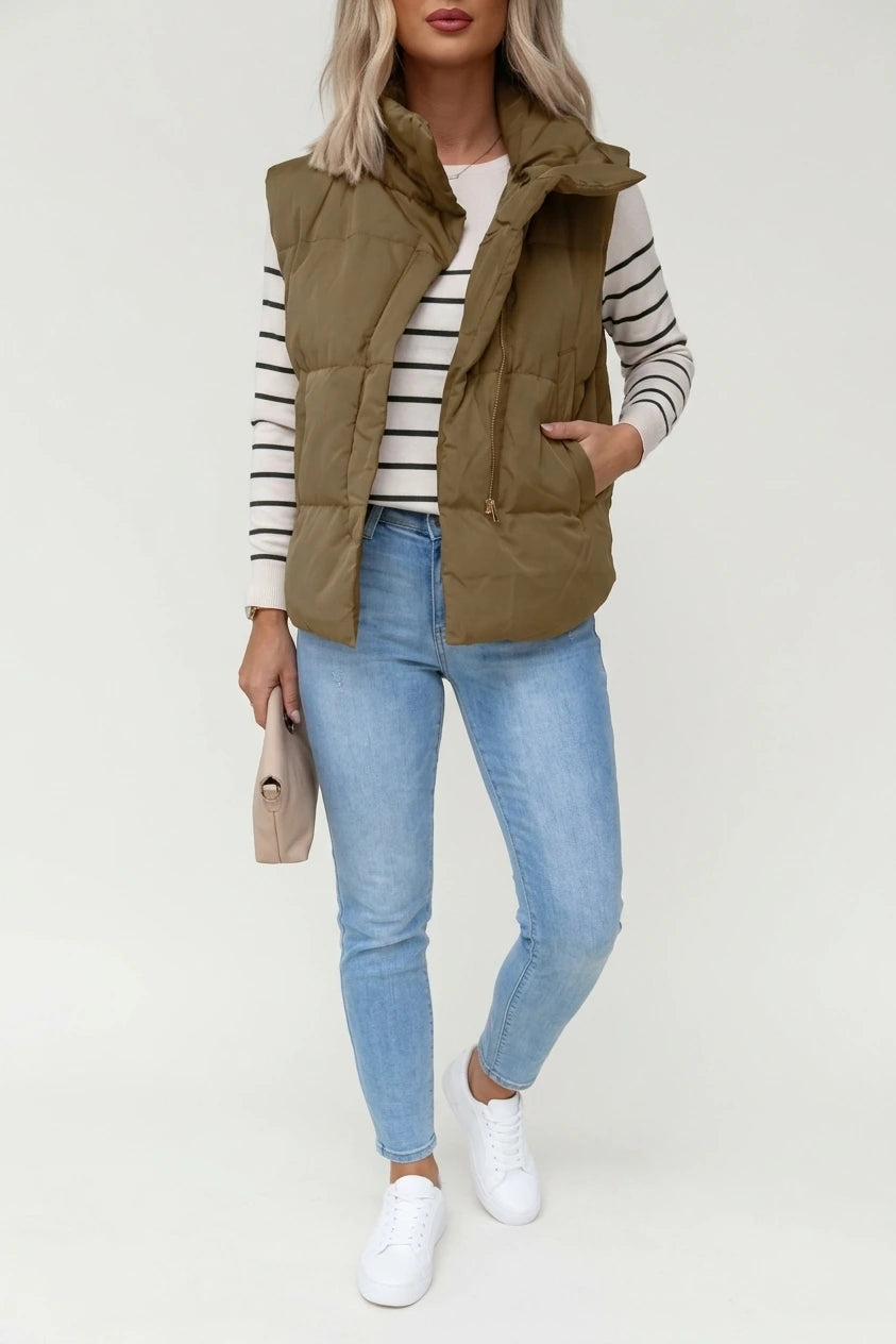 Quilted Puffer Gilet with Stand Collar and Side Pockets — variant_front