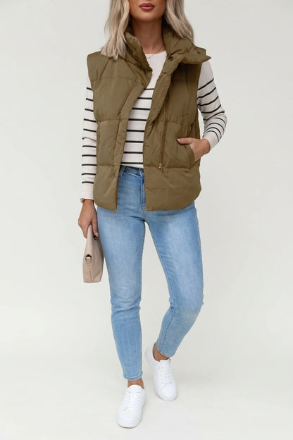 Quilted Puffer Gilet with Stand Collar and Side Pockets — variant_front