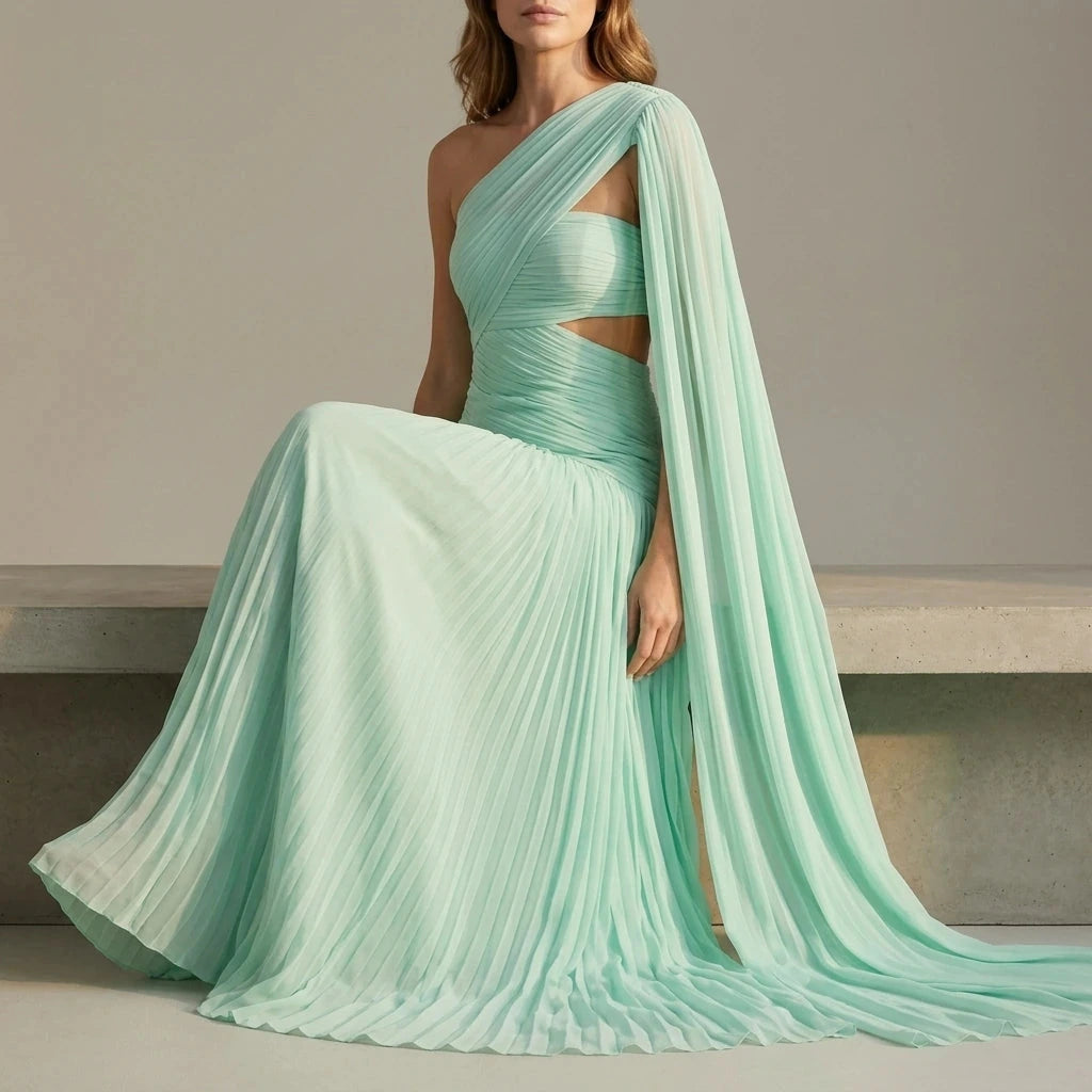 Ethereal Chiffon Drape Maxi Dress One-Shoulder Ruched Waist High Slit