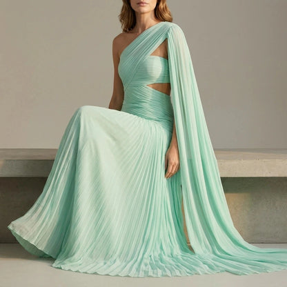 Ethereal Chiffon Drape Maxi Dress One-Shoulder Ruched Waist High Slit