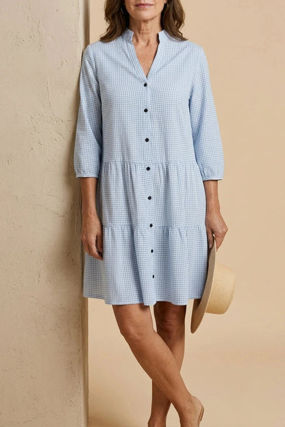 Button Front Gingham Tiered Dress With V Neck And Three-Quarter Sleeves