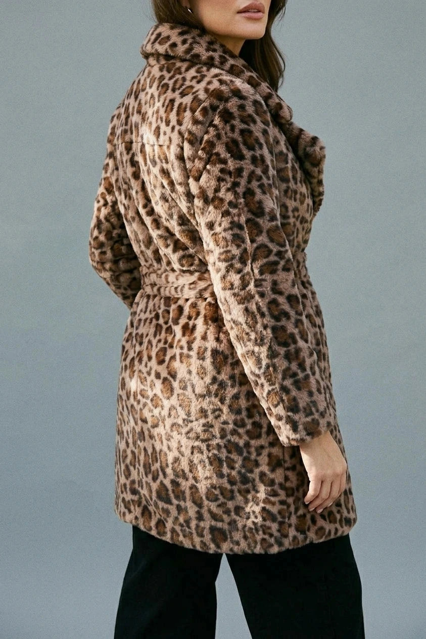 Animal Print Faux Fur Tie Waist Jacket, Belted Faux Fur Coat, Collared Jacket