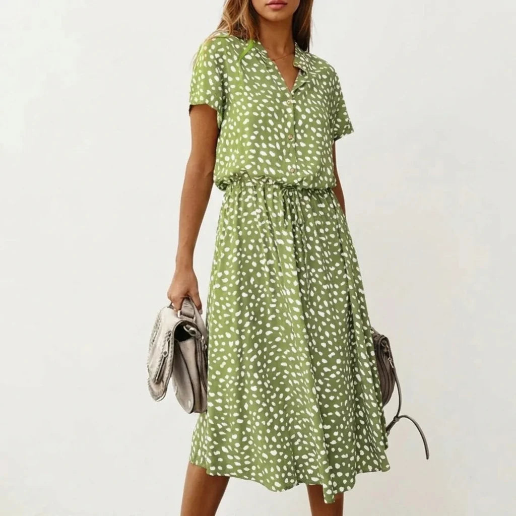Women's Midi Dress with Button Front and Drawstring Waist — variant_front