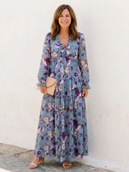 Elena | Long Sleeve V Neck Floral Maxi Dress