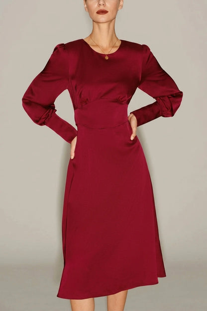 Wine Red Satin A-Line Midi Dress — variant_front