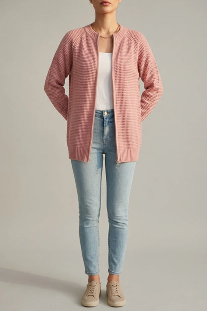 Women's Zip-Up Cardigan with Long Sleeves and Round Neck — variant_front