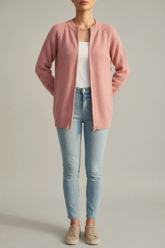 Women's Zip-Up Cardigan with Long Sleeves and Round Neck — variant_front