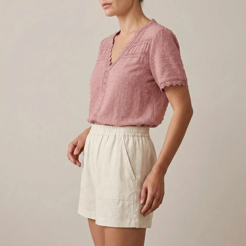 Bohemian Lace Trim Blouse with Swiss Dot Texture and V-Neckline — variant_front