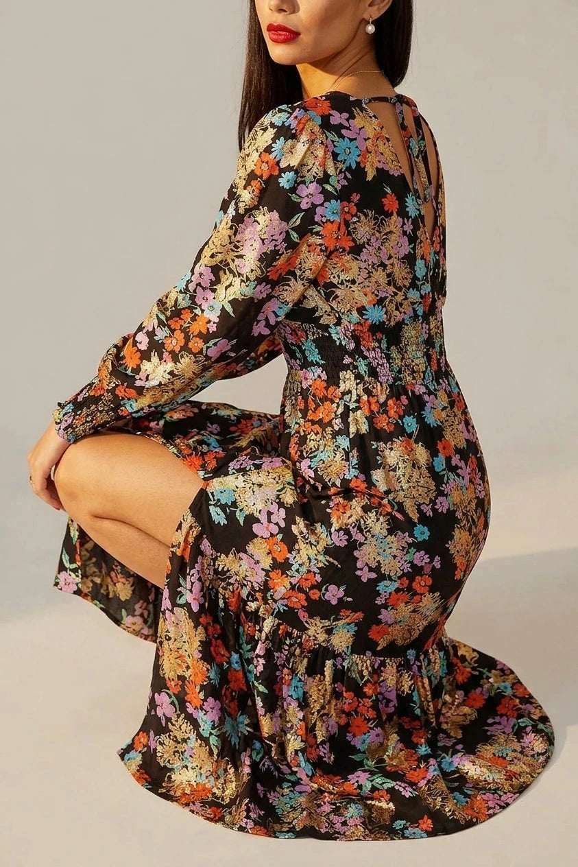 Floral And Foil Ruched Midi Dress With Split Hemline And V Neck